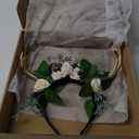 MOSTORY Handmade Deer Horns Headband - Flower Antler Hairband Woodland Reindeer Headpiece with Berries for Prom Renaissance Halloween Cosplay Accessory (White-gold)