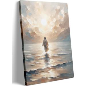 Jesus Walking on Water Canvas Wall Art Jesus Christian Posters Prints Sacred God Walking on Ocean Beach Painting Pictures for Living Room Bedroom Bathroom Office Wall Decor Framed (24L" x 36W", #1color)