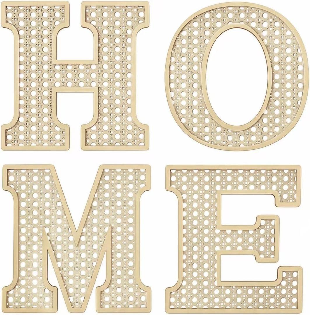 Wood Home Signs Wall Decor, Rattan Wood Home Letters Decor Signs, 4 Pcs Large 12x12 in Rusic Hanging Wall Art, Living Room Entryway Kitchen Hall Lounge Nursery, Housewarming Gift, Natural Wood Color