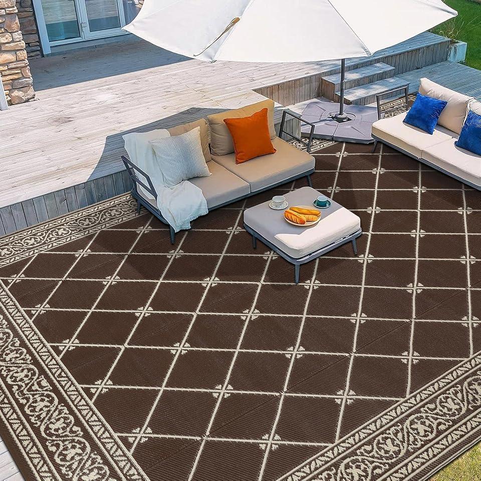 HiiARug Outdoor Rugs 9x12 for Patios Clearance Brown Camping Rug for RV Outside, Reversible Waterproof Plastic Straw Rug Large Outdoor Rug for Porch Beach Picnic Camper