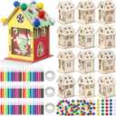 Yookeer 12 Sets Wooden Christmas Gingerbread House Craft Kit Bulk DIY Christmas Gingerbread Village Houses to Paint Set Cutting Wood 3D Puzzle with Watercolor Pens Pompoms Party Supplies Gift Decor