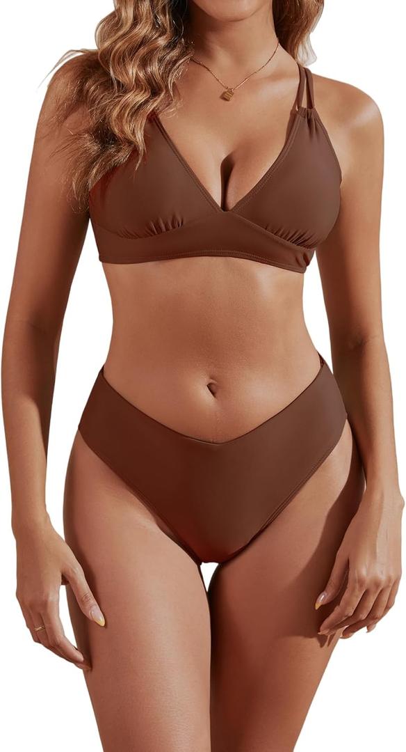 fatty tiger High Cut Bikini Sets for Women Deep V Neck Criss Cross Back Two Piece Swimsuit Cheeky High Waist Bathing Suit (Brown, S)