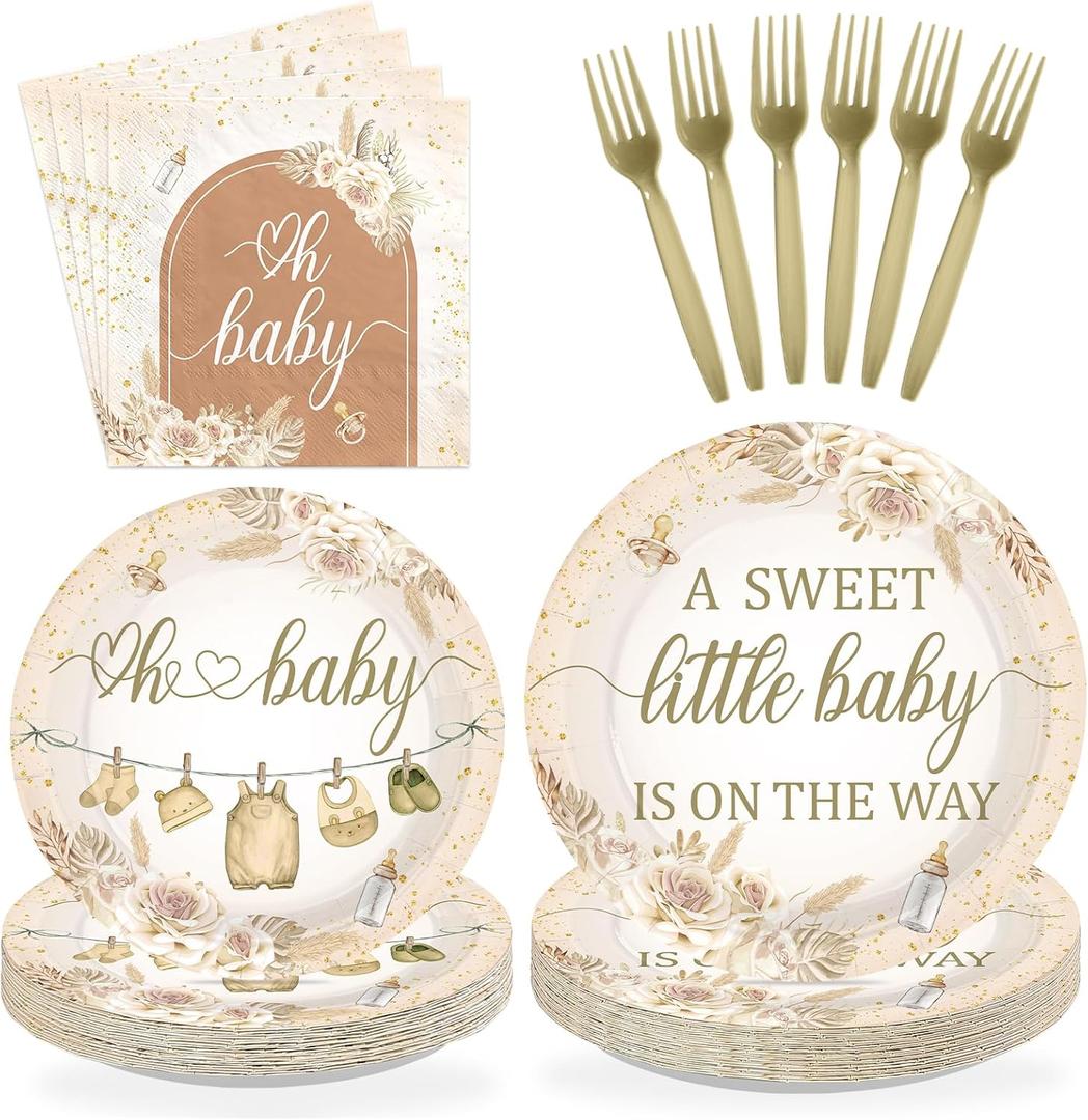 96Pcs Boho Baby Shower Decorations A Sweet Little Baby Is On The Way Plates and Napkins Brown Floral Decorations for Kids Neutral Baby Shower Gender Reveal Party Supplies Serves 24