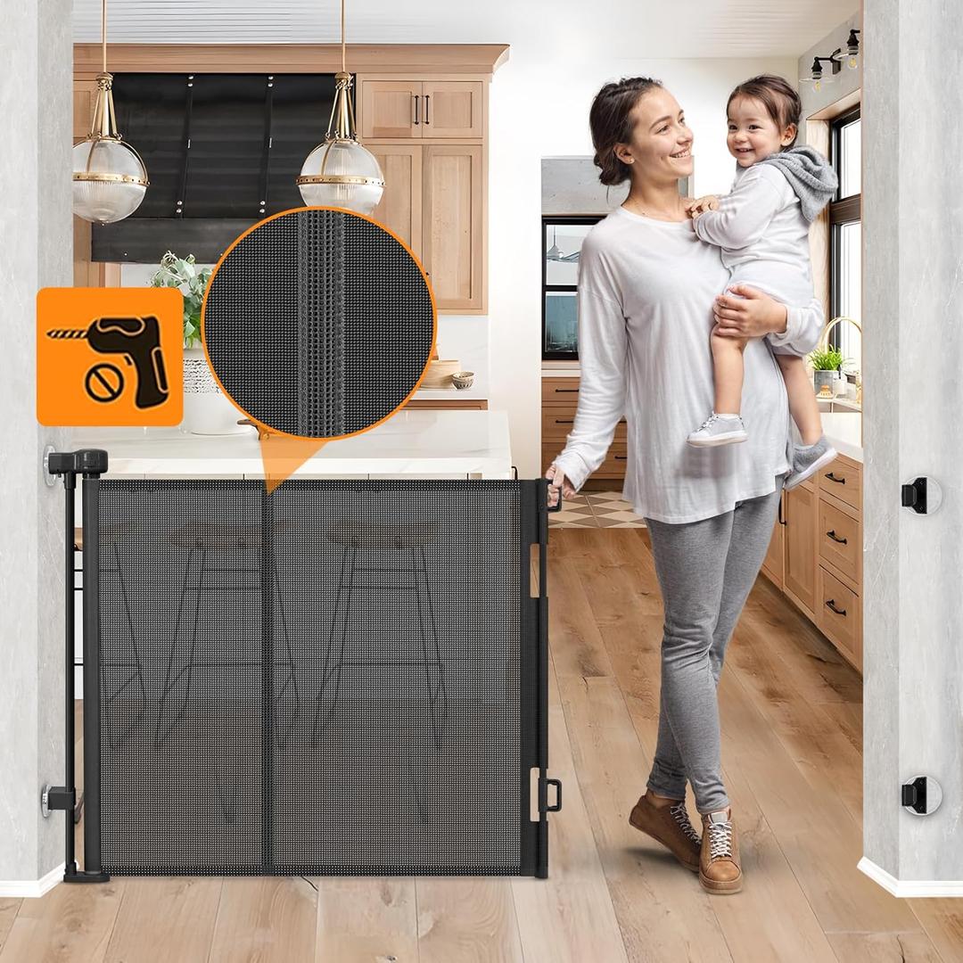 Reinforced No Drill Retractable Pet Gates for Doorways No Drilling Retractable Dog Gate with Support Rods to Prevent Crawling Underneath, 55 Wide Retractable Baby Gate No Drill Retractable Mesh Gates (Black)