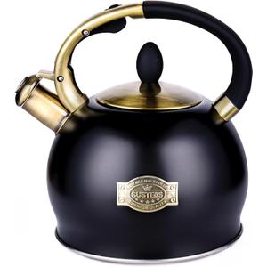 SUSTEAS Stove Top Whistling Tea Kettle - Food Grade Stainless Steel Teakettle Teapot with Cool Touch Ergonomic Handle, With 1 Silicone Pinch Mitt Included, 2.64 Quart, Black