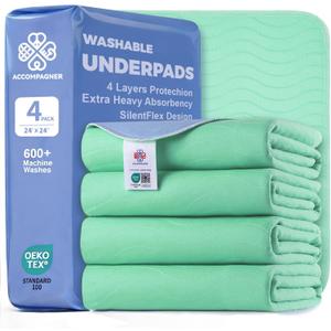 Accompagner Incontinence Bed Pads Washable Waterproof, Ultra-Absorbent Reusable Underpads for Diaper Changing, Nursing, Bedridden, Adults, Seniors, Kids and Dogs (Green, 24"x24"(Pack of 4))