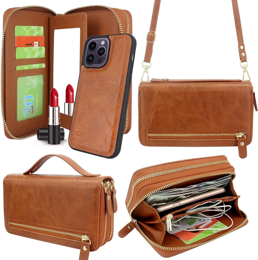 Harryshell Compatible with iPhone 14 Pro Max 6.7 inch 2022 Case Wallet Multi Zipper Detachable Magnetic Cover Purse Bag with Card Slots Mirror Crossbody Chain Wrist Strap (Light Brown)