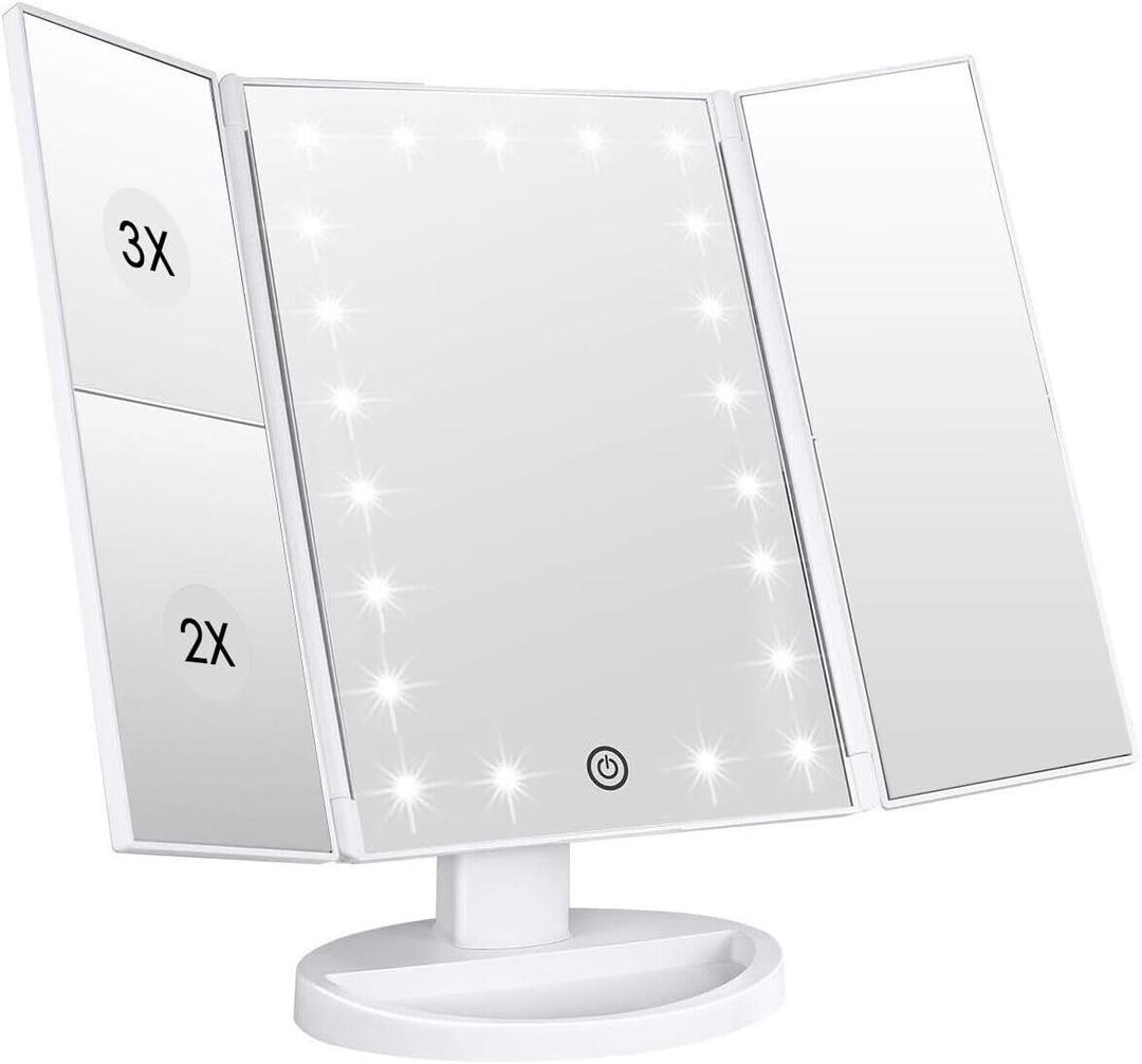 WEILY Makeup Vanity Mirror with 21 LED Lights and Touch Screen, Tri-Fold 1x 2X 3X Magnification,180 Adjustable Rotation and USB Powered,Countertop Cosmetic Mirror (White)