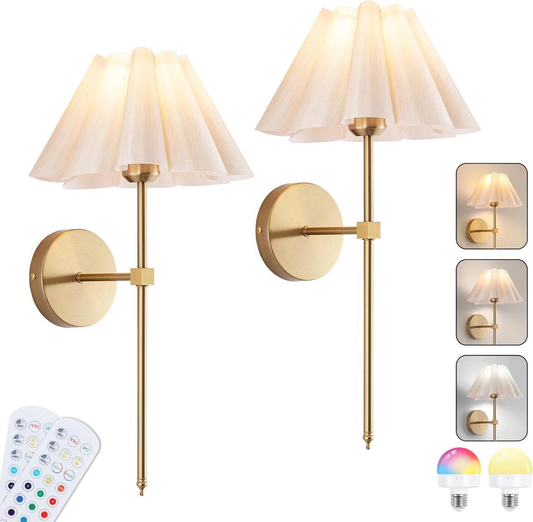Battery Operated Wall Sconces Set of 2, Rechargeable RGB Wall Lights, Not Hardwired Wall Lights with Petal Shades, Wireless Wall Lamp with Remote Control for Living Room Corridor Bedroom etc