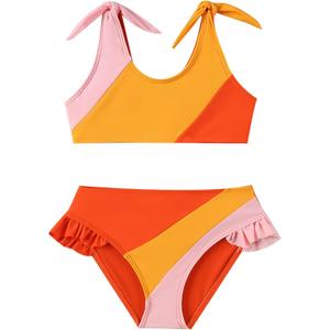 Toddler Girls Swimsuit Color Block Swimwear Kids Two Piece Bathing Suits Bowknot Beach Bikini Set (7-8 Years, Orange+yellow)