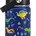 Dinosaur Kids Water Bottle With Straw Lid,14 oz Stainless Steel Travel Bottle,Double Wall Leak Proof Kids Cup,Insulated Tumbler for Toddlers,Metal Bottle for School Boys Girls