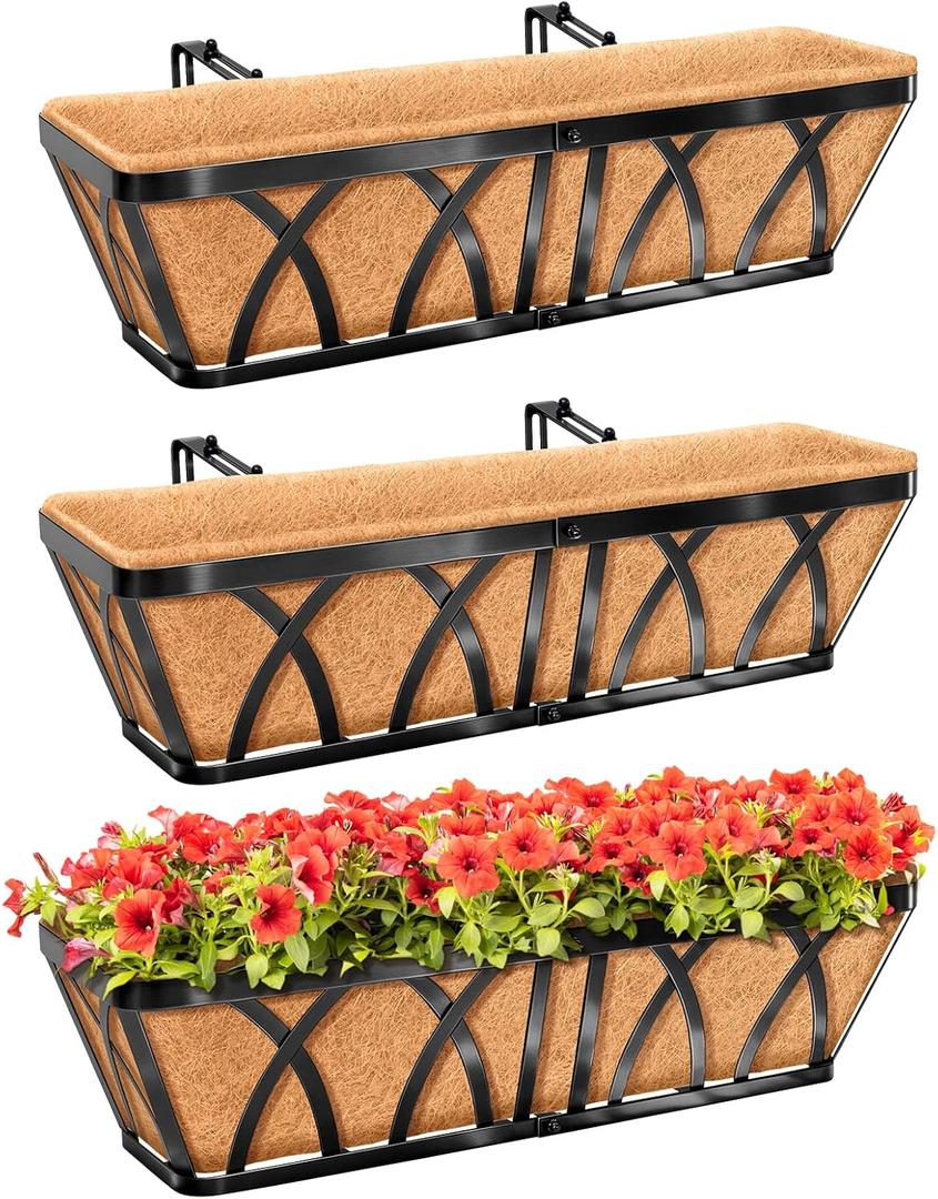 Riare 3 Pack 24 Inch Metal Railing Planter Window Box with Coco Liner- Adjustable Window Flower Boxes for Railings, Hanging Rail Planters for Deck, Balcony, Porch, Fence, Indoor Outdoor Plants