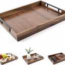 Acacia Wood Serving Tray, 17x13in Ottoman Tray with Metal Handles, Decorative Tray for Coffee Table, Rustic Wooden Breakfast & Drink Tray for Breakfast, Dinner & Bar, Storage Tray for Kitchen