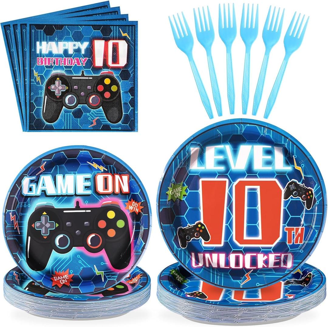Grencian 96 Pcs 10th Video Game Birthday Party Decorations Blue Video Game Level 10 Birthday Plates and Napkins Tableware Sets for Kids Boys 10 Years Old Gamer Gaming Party Supplies Favors Serves 24