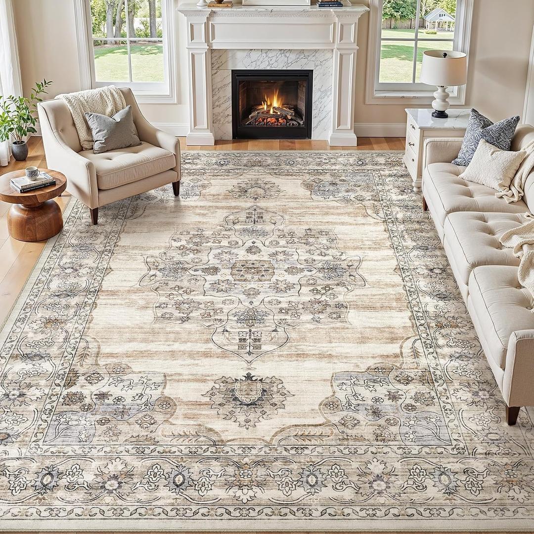 Washable 9x12 Area Rug for Living Room - Ultra Soft Vintage Carpet with Non-Slip Backing, Stain Resistant Low-Pile Indoor Rug for Bedroom & Home Office, Kid & Pet Friendly - Beige