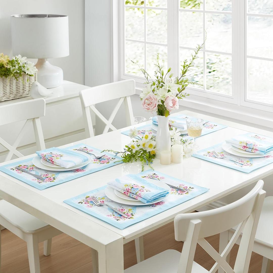 Newbridge Cottage Rose Fabric Placemats, 13 x 19 Inch, Easy Care Wrinkle and Stain Resistant Blue and Pink Floral Set of 4 Placemats for Indoor Outdoor Party Dining (Multi Color)