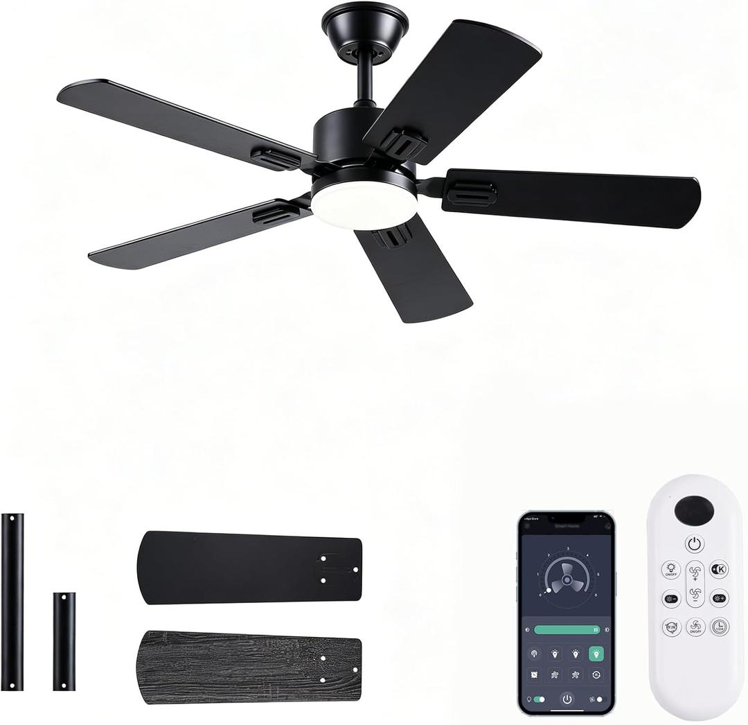 FUMLTP 56 inch Black Ceiling Fans with Lights and Remote/App Control, DC Reversible Motor, Noiseless, Dimmable, 6 Speeds Low Profile Modern Ceiling Fan for Livingroom, Indoor/Outdoor Use