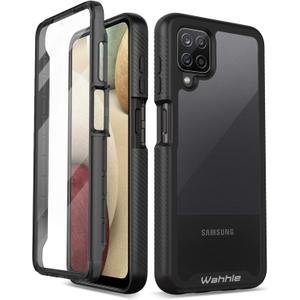 wahhle Compatible with Samsung Galaxy A12 Case, Built in Screen Protector Full Body Shockproof Slim Fit Bumper Protective Phone Cover for Samsung A12 Men Women-Black/Clear