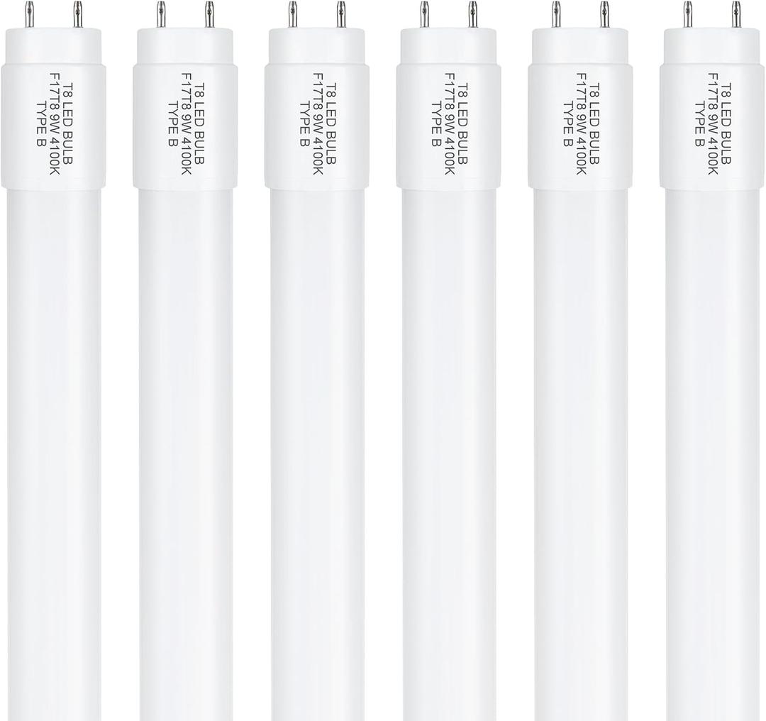 Type B F17T8/CW LED Replacement Bulbs, 24 Inch, 9 Watt, 4100K Cool White, T8 2FT LED Replacement Fluorescent, Double-End Powered, G13, 6 Pack