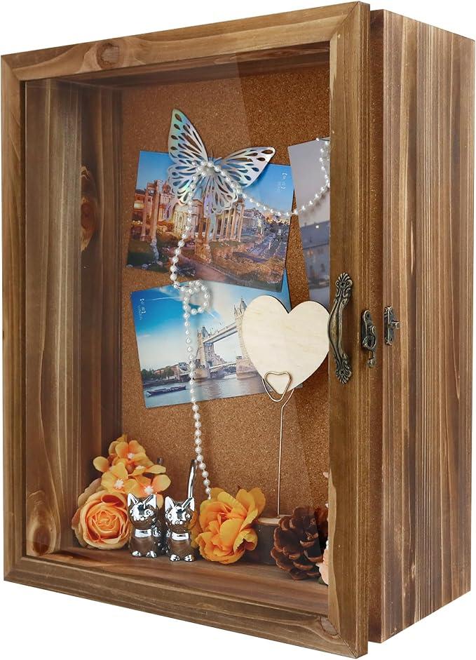 11x14 Inch Deep Display Shadow Box Wooden with Real Glass - 5 Inch Depth for Collectibles, Memorabilia, Dolls & Toys, Tabletop or Wall Mount, Includes Cork Backboard & 10 Pins