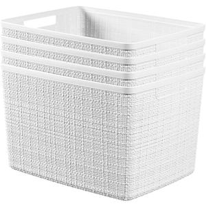 Curver Set of 4 Large 20L Jute Decorative Plastic Organization and Storage Baskets - Perfect Bins for Home Office, Closet Shelves, Kitchen Pantry and All Bedroom Essentials, White