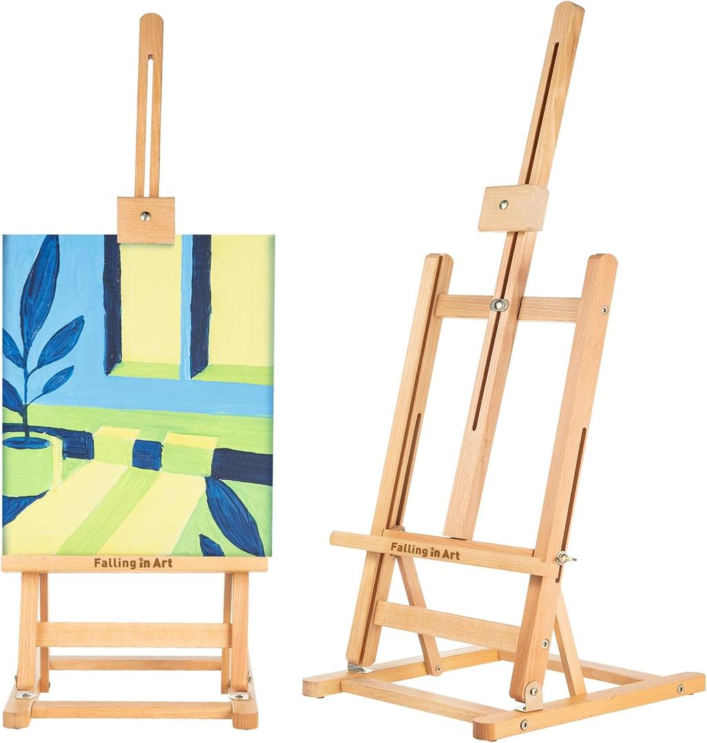 Falling in Art Basic H-Frame Tabletop Easel, Adjustable Beechwood Desktop Easel, Portable Painting Easel Stand for Beginners and Artists, Holding Canvas up to 24" High, 24" x 10" x 10"
