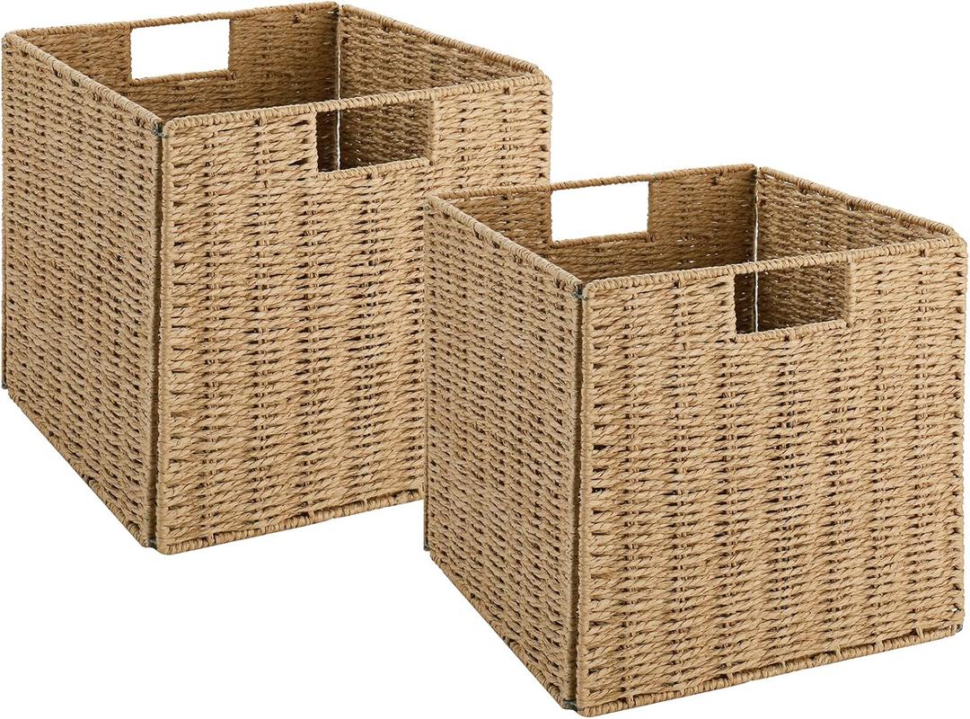 Vagusicc Wicker Baskets, Set of 2 Hand-Woven Storage Baskets for Shelves with Handles, Foldable Cube Wicker Storage Basket Bins Organizer 13 Inches Large Woven Baskets for Storage Organizing & Decor (Natural)