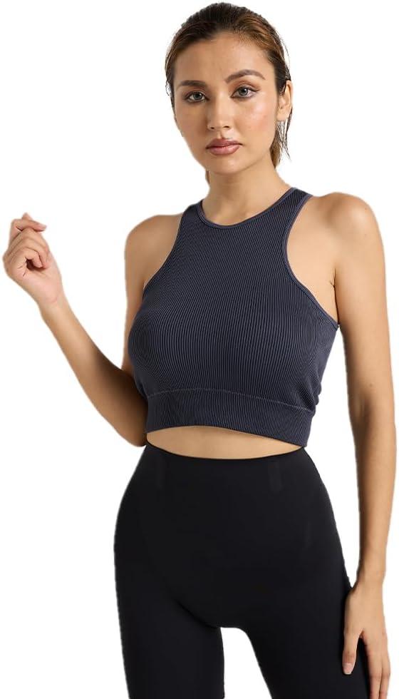 Women's Ribbed Crop Tank Top, Sleeveless Racerback, Square Neck, Black, Fitted (Grey) L/XL