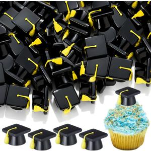 AceOrbit 50 Pcs Mini Grad Hat Figures Bulk Tiny Resin 2026 Grad Hat Figurine Toys with Tassels 0.98 Inch Mini 3D Black Graduation Cap Cake Topper Graduation Party Table Tiered Tray Decor (Gold)