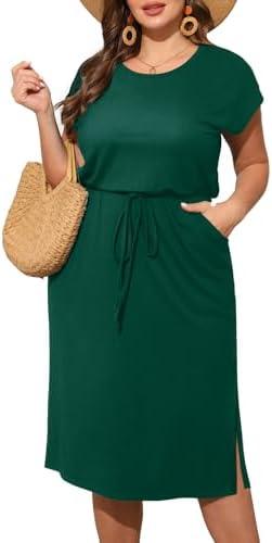 Pinup Fashion Women Plus Size Summer Dresses - Casual Work T Shirt Round Neck Midi Dress with Pockets, 22M, Green  Pinup Fashion Women Plus Size Summer Dresses - Casual Work T Shirt Round Neck Midi Dress with Pockets, 22M, Green