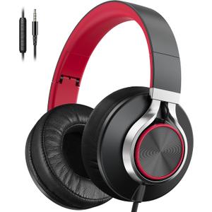 AILIHEN Wired Headphones with Microphone Volume Control Noise Isolating Red | Over Ear Headphones Wired for Teens and Adults, Super Soft Cushions, Portable Bag, Durable 3.5mm for PC, Tablet&Chromebook
