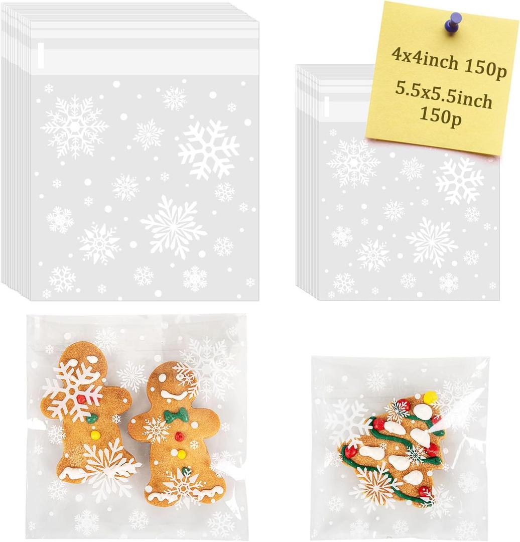 CUDICY Christmas Cookie Bags 300pcs Snowflake Cellophane Treat Bags 5.5x5.5/4x4 Self Adhesive Cookie Bag for Gift Giving Packaging Candy Goodie Holiday Homemade Bakery