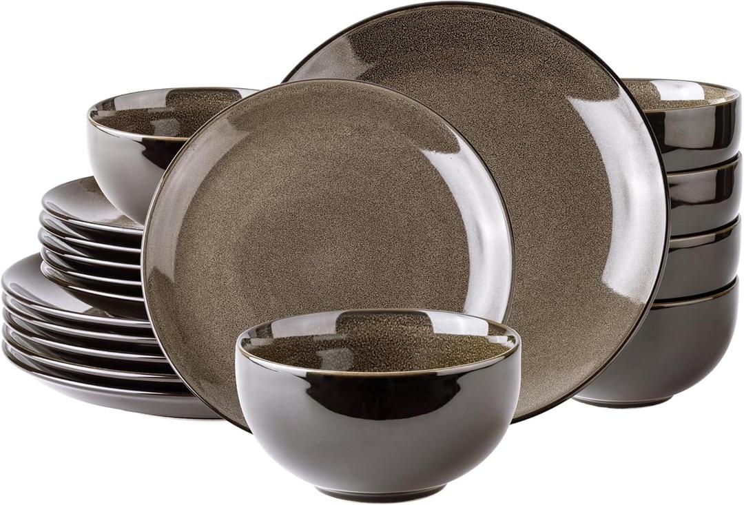 LeRatio Ceramic Dinnerware Sets for 6,Stoneware Plates and Bowls Sets,Handmade Reactive Glaze Dishes Set,Chip Resistant and Scratch Resistant | Oven&Dishwasher & Microwave Safe-Chestnut(18PCS) (Dreamy Moonlight-Chestnut)