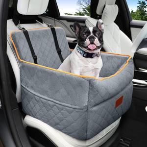 HEGGCOOE Dog Car Seat for Small Medium Dogs, Memory Foam Puppy Dog Booster Seat with Thick Cushion for Dogs Under 35lbs, Detachable Washable Pet Car Seat Travel Bed with Storage Pockets,2 Safety Belts (Gray)