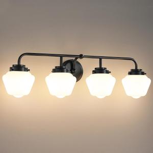 Bathroom Vanity Light Fixtures: 4-Light Matte Black Bathroom Lighting Fixtures Over Mirrors, Farmhouse Rustic Wall Sconce with Milky White Glass for Bath Living Room Cabinet