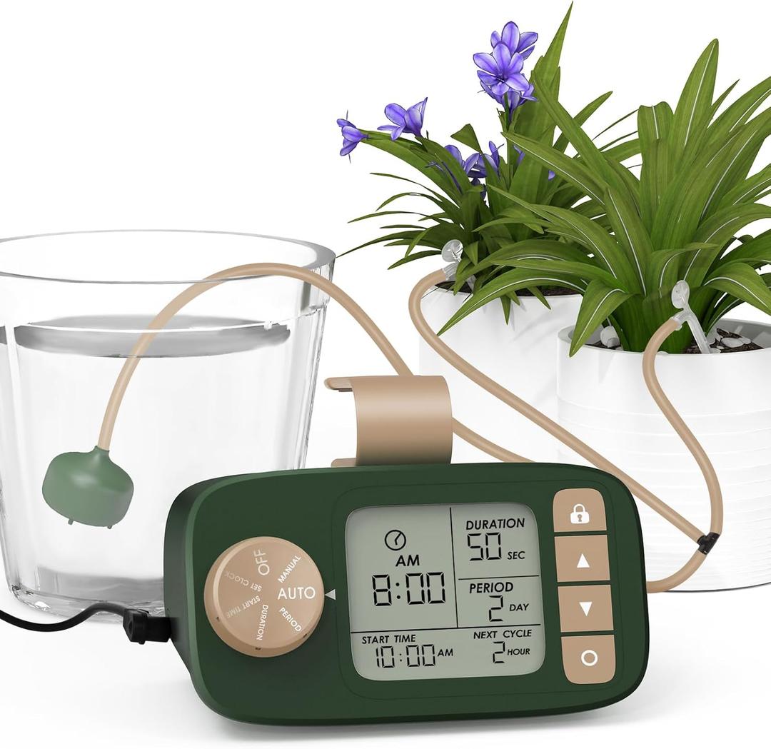 Automatic Watering System for 15 Potted Plants, DIY Plant Watering DevicesDrip Irrigation System with 30-Day Programmable Water Timer, LED Display and Power Supply (Green)