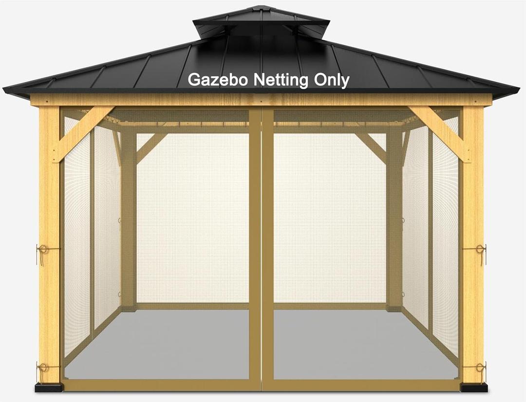 10-ft x 10-ft Gazebo Netting,Gazebo Replacement Mosquito Netting,Universal 4-Panel Mesh Screen Walls with Zippers(Only Netting)-Khaki (10x10)