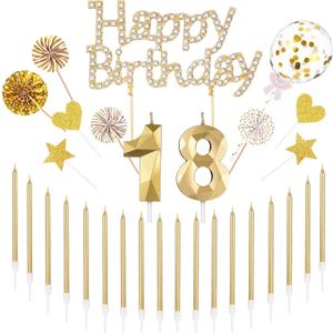Yerliker 29 Pcs 18th Birthday Cake Decorations Rhinestone Glitter 18th Cake Toppers Candles DIY Decor for 18th Birthday Anniversary Party Supplies(Gold)