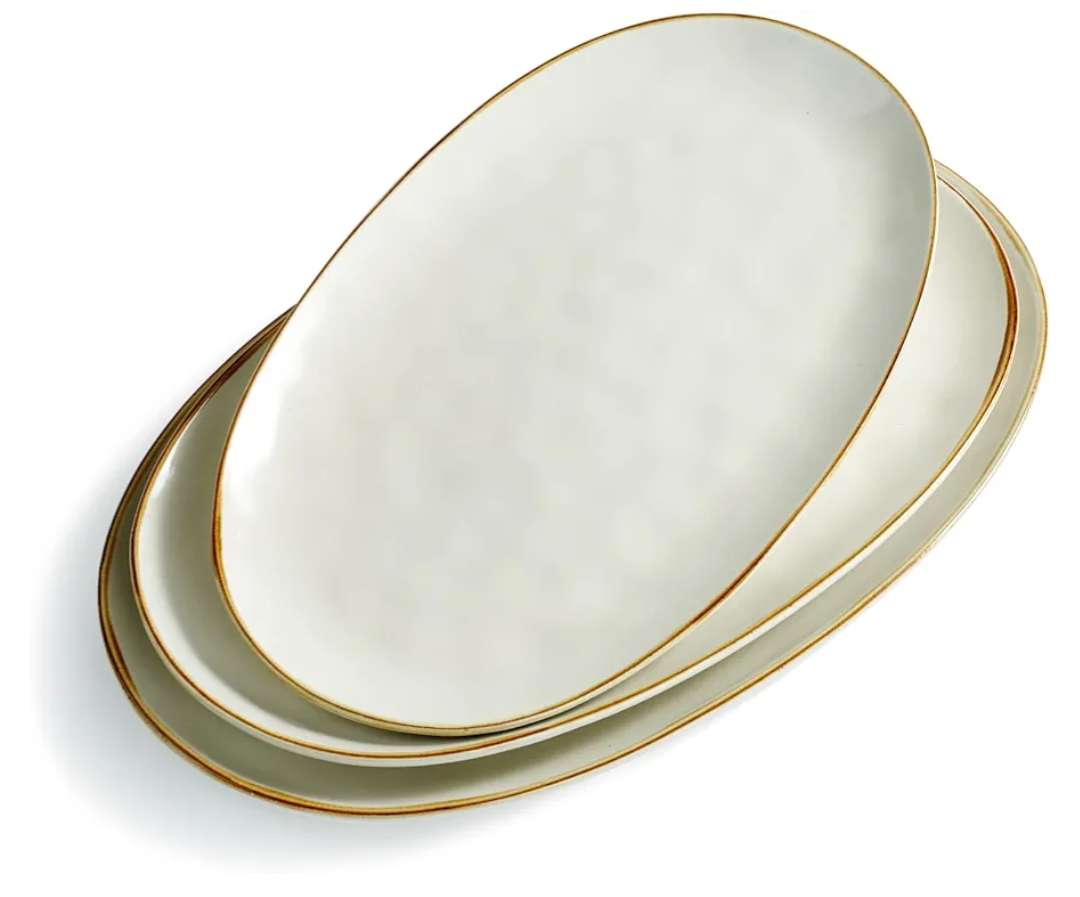famiware Serving Platter, Oval 15.59/14.3/12.9inch Serving Dishes for Entertaining, Serving Bowls, Microwave Safe, Stoneware Serving Trays for Party, Food, Turkey, Cheese, Ocean Series, Vanilla White
