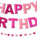 Pink Happy Birthday Banner Felt Ball Garland Pre-Strung Happy Birthday Sign for Party Backdrop Decorations Photo Prop