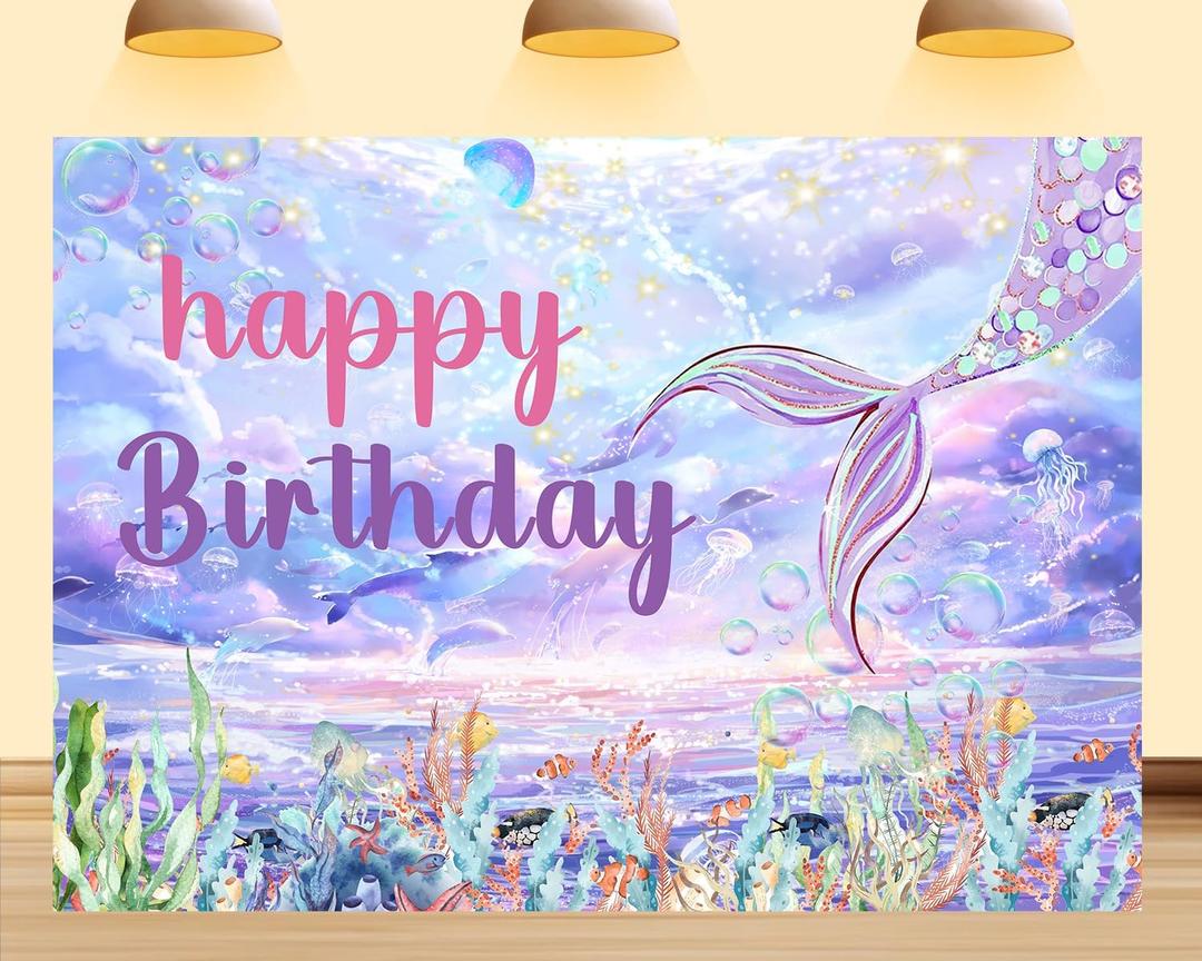 7X5ft Mermaid Happy Birthday Backdrop Photography Background Dreamy Fish Tail Mermaid Backdrop Under The Sea for Princess Girl Baby Shower Decoration Photo Booth Studio Props