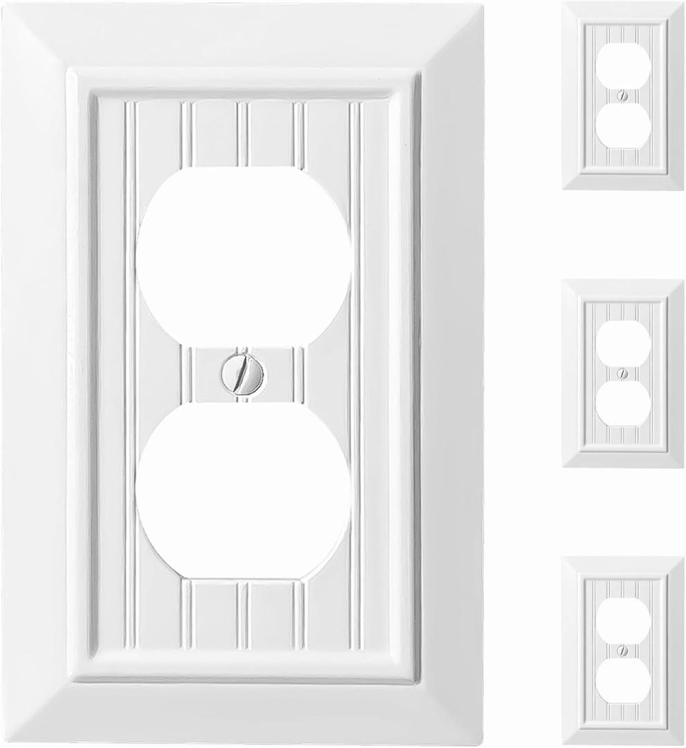 Beadboard Outlet Covers Wall Plates, Bamboo Fiber Light Switch Covers, Natural Material Electric Receptacle Decorative Switch Plate Outlet Cover (Pure White, 1 Gang Duplex 4 Pack)