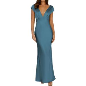 Halfisland Womens Summer Satin V Neck Cap Sleeve Backless Maxi Dress Elegant Twist Cut Out Midi Dresses Wedding Guest (Blue, XL)