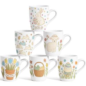 CHENGU 6 Pack Spring Easter Mugs Set 10oz Happy Easter Bunny Eggs Ceramic Coffee Mugs Spring Rabbit Drinking Cups Holiday Gifts for Home Parties Basket Stuffers Party Supplies