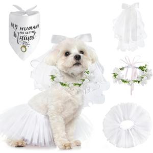 baotongle Dog Bandanas Dress Set for Small Dogs Dogs Wedding Outfit with Flower Collar Veil Puppy Pet Tutu Skirt Halloween Costume Party