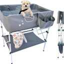Elevated Dog Bathtub, Portable Dog Washing Station for Home with Towel Bar & Storage, Folding Pet Bath Tub for Small & Medium Dogs