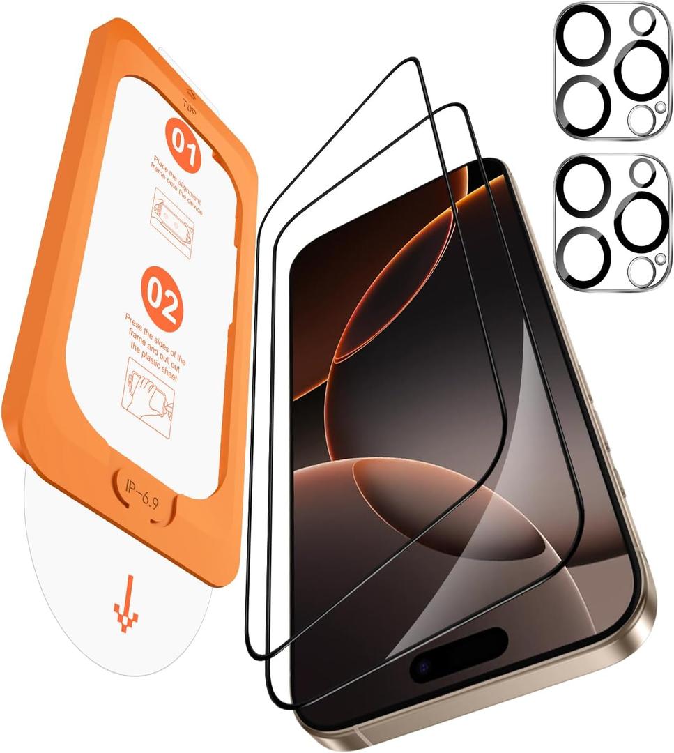 5 x OMOTON 2+2 Pack Screen Protector and Camera Lens Protector for iPhone 16 Pro Max, Full Screen Installation, Precise Alignment, Bubble-Free, Dust-free, 9H Hardness, Easy Installation