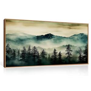 HOURIA Large Boho Mountain Forest Framed Canvas Wall Art Set,Nature Foggy Woodland Wall Decor,Modern Pine Tree Artwork,Watercolor Botanical Art Print for Living Room,Bedroom,Farmhouse- 20"×40"×1