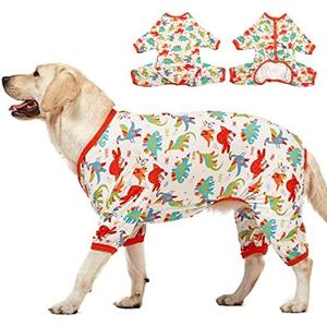 LovinPet Large Dog Pajamas, Undershirt for Dog Coats, Anti Licking, Pitbull Clothes, Pet Anxiety Calming Onesies for Dogs, White Dinos Print, Pet Pajamas for Dogs, Pitbull Shirt, 2XL