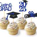 24Pcs Graduation Cupcake Toppers, Graduation Cupcake Picks for Cupcake Food Decorations - Class of 2025 Cupcake Toppers Supplies (Blue)